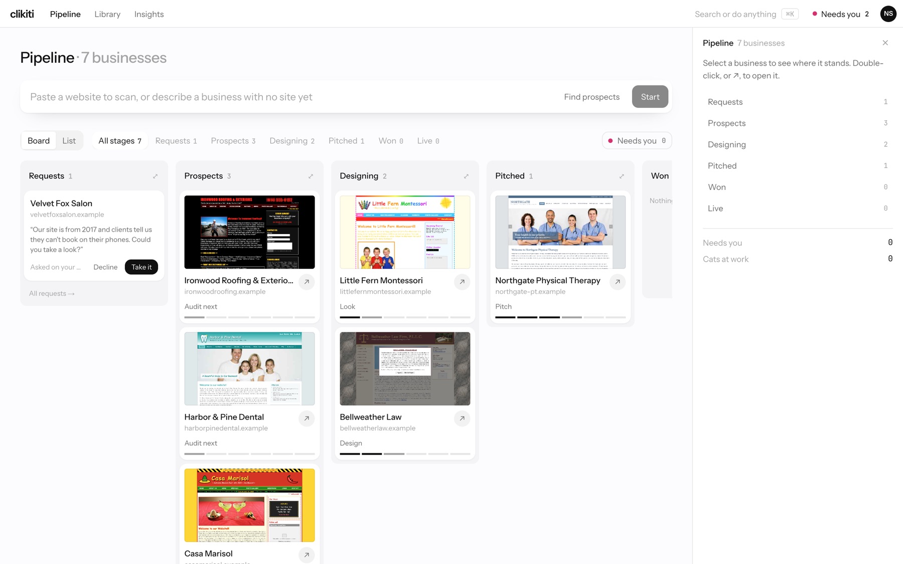 The Pipeline board with Requests, Prospects, Designing and Pitched columns