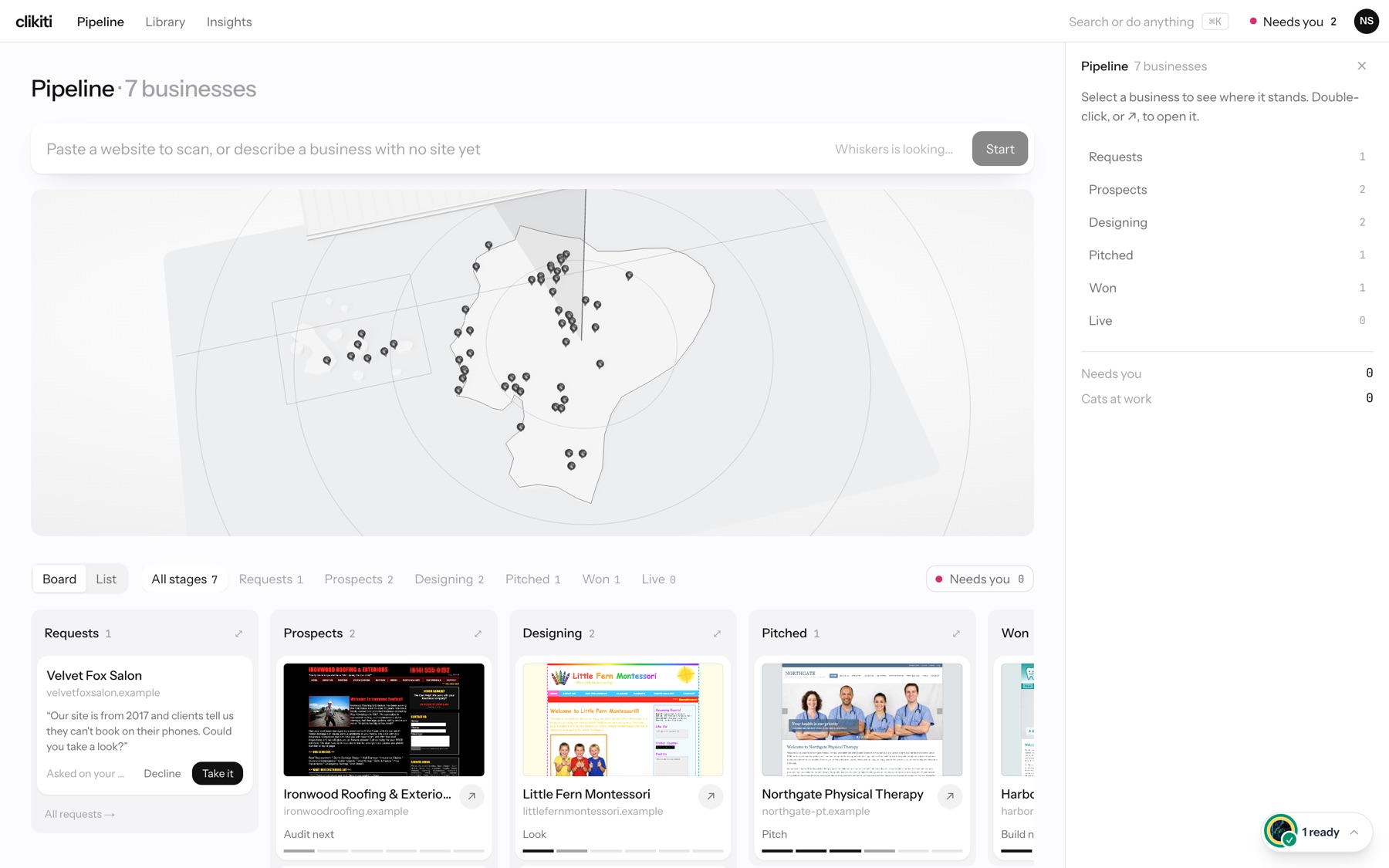Find prospects searching a map while Whiskers looks for businesses