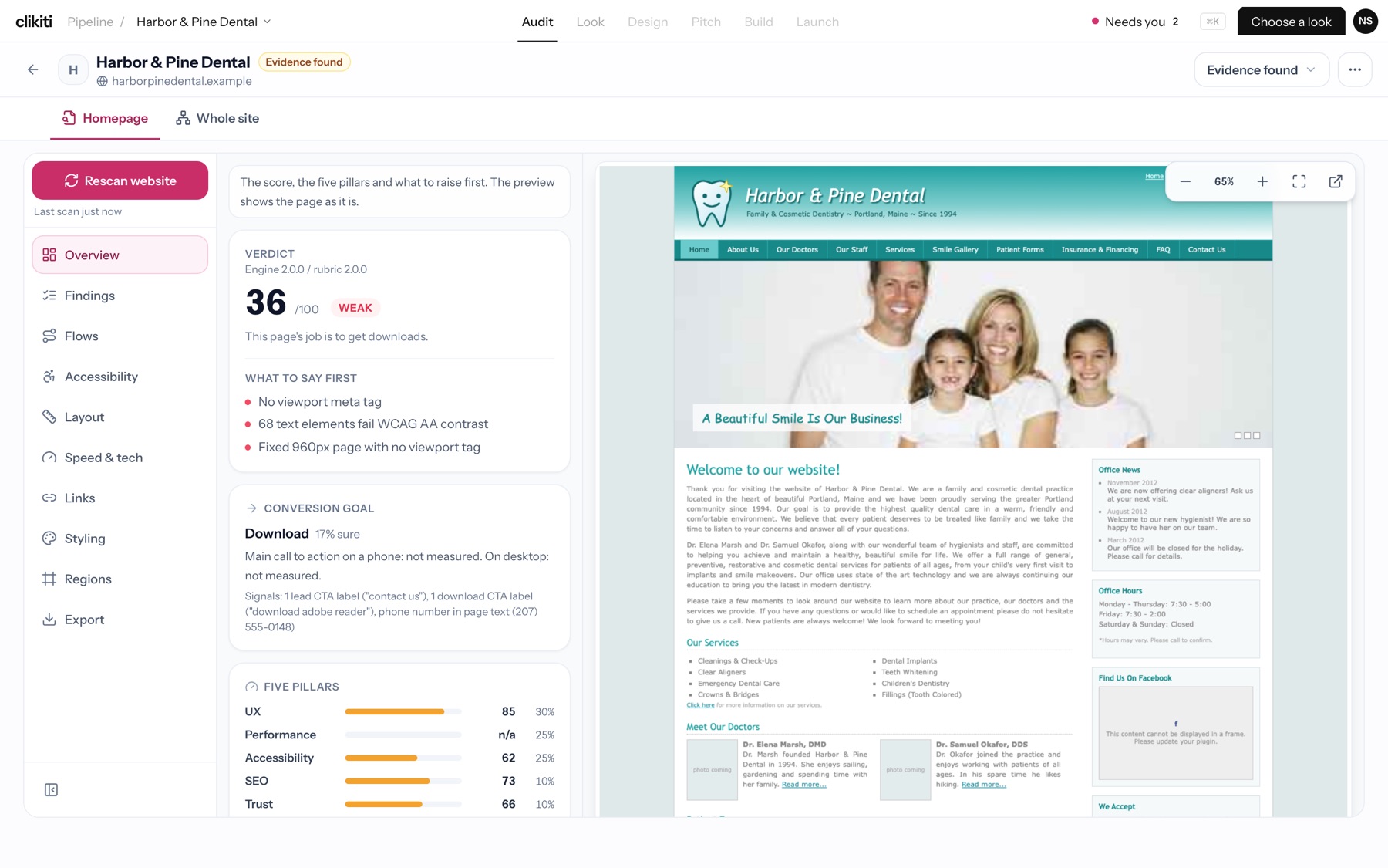 Audit results: verdict, what to say first, conversion goal and five pillars