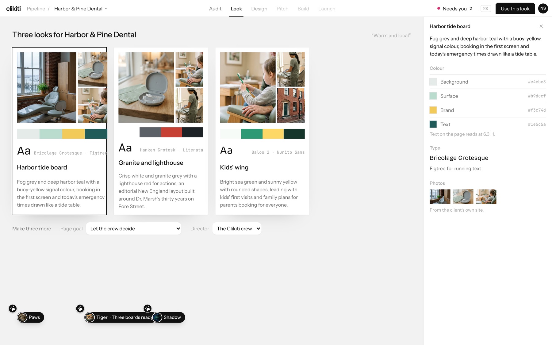 Three style boards, with colours, type and photos for the selected one