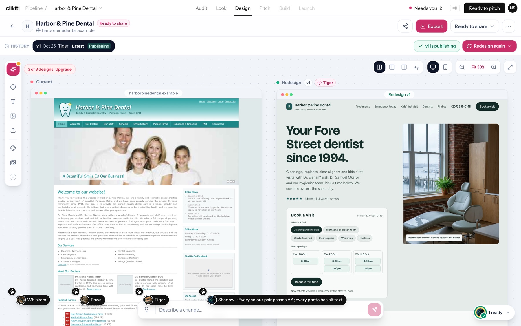 The current site on the left and the redesign on the right