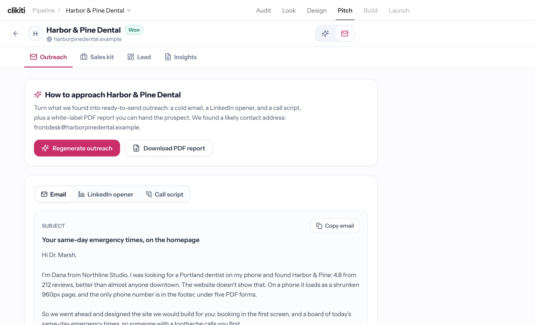 Outreach: a ready email, a LinkedIn opener and a call script