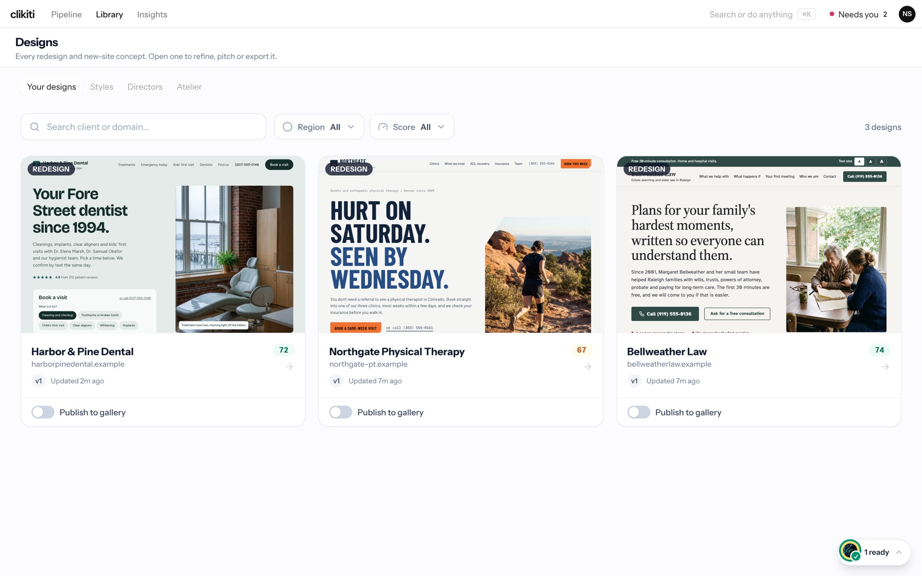 The Library: design cards with scores and a Publish to gallery switch